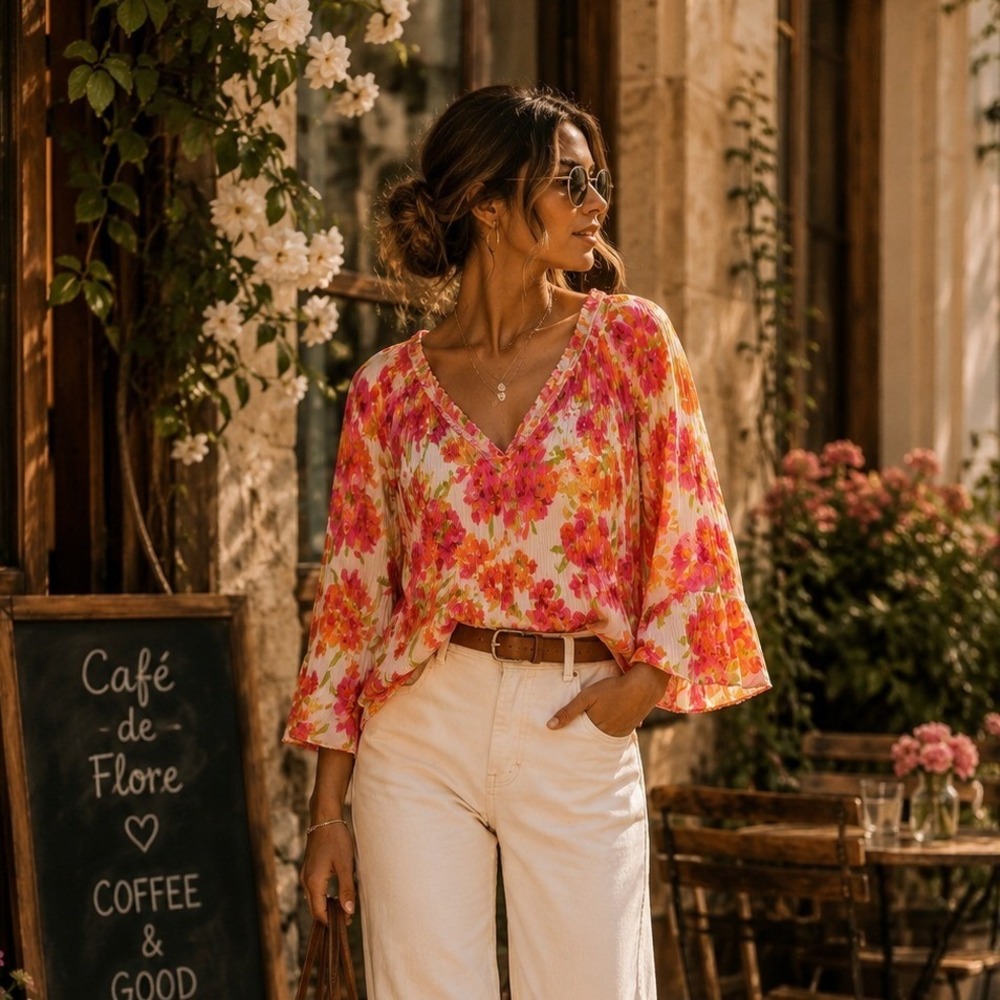 Floral & Ivy Woman Pleated Floral Blouse Pink Orange Bell Sleeve 1X Boho Top